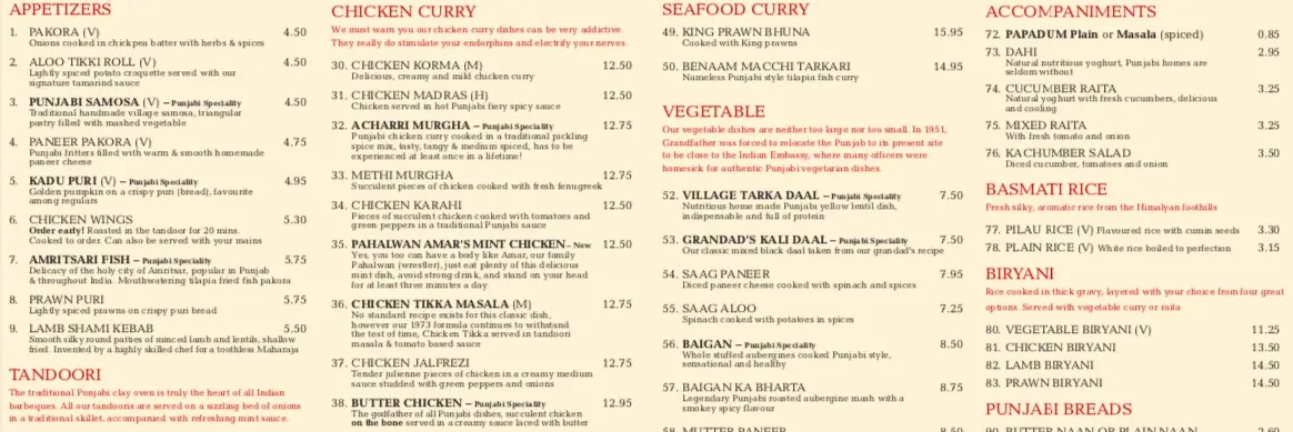 Menu restaurante indiano - curry em Londres