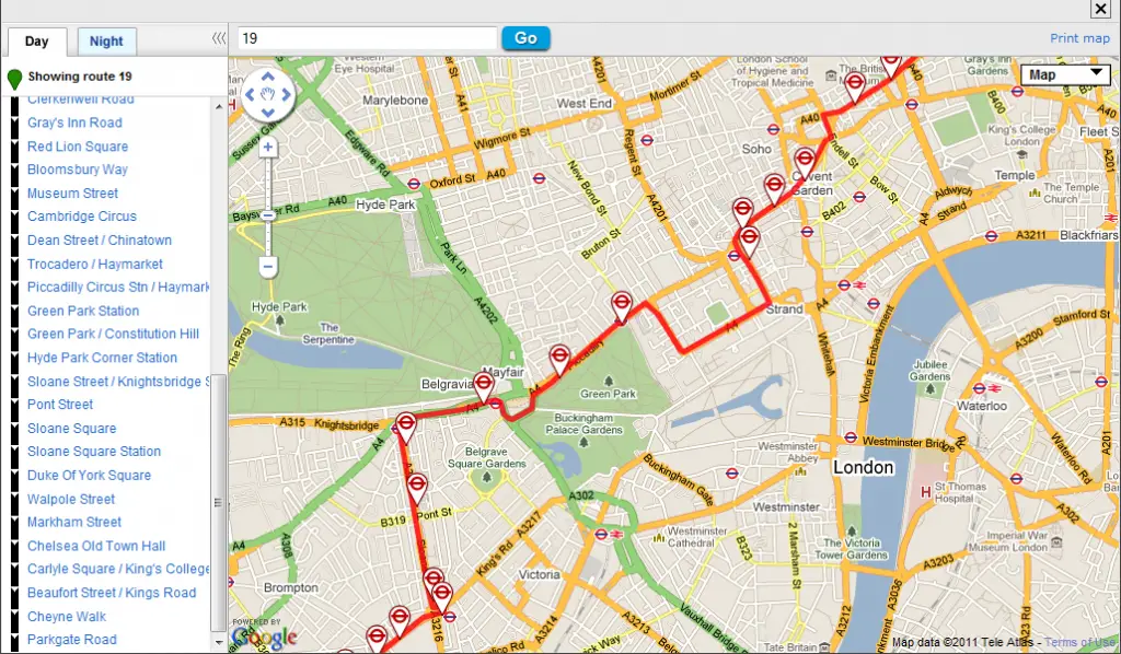 Rota do ônibus 19 em Londres