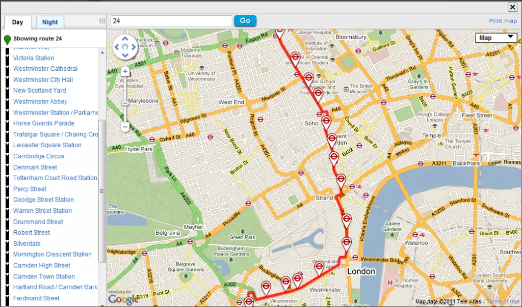 Rota do ônibus 24 em Londres mapa
