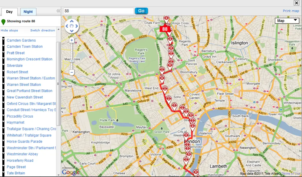 Algumas rotas de ônibus em Londres - rota 88