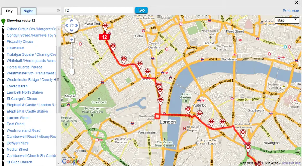 Algumas rotas de ônibus em Londres - rota 12