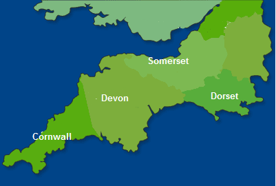 Cream Tea do oeste da Inglaterra - mapa