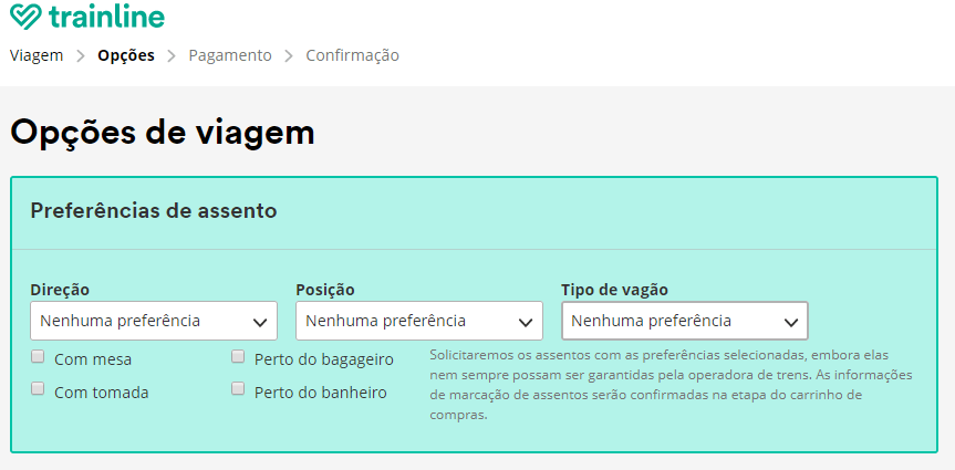 Trainline - opções de viagem