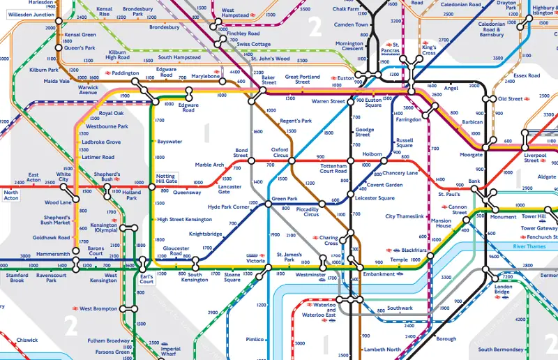 Mapa do metrô de Londres - quantos passos entre estações