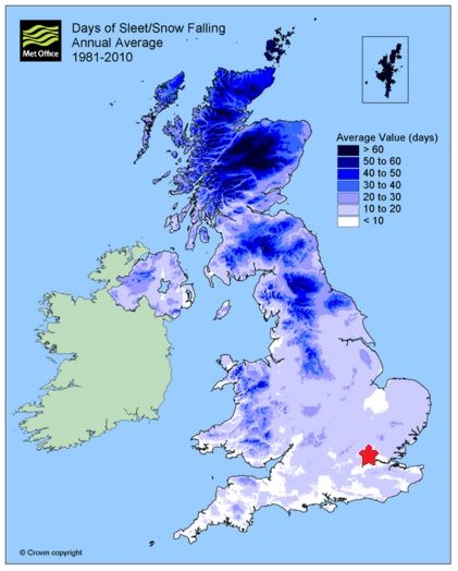 Neve em Londres - mapa com média de neve no Reino Unido