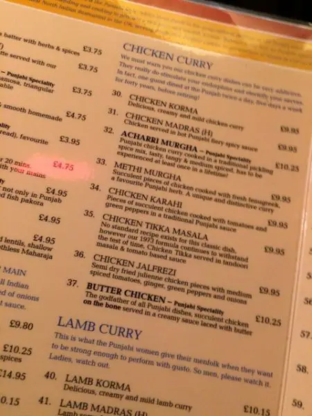 Punjab - restaurante indiano em Covent Garden - menu curry 2016