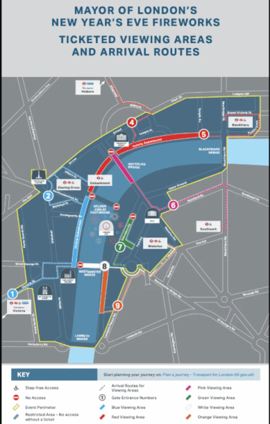 Mapa com as áreas disponíveis para ver os fogos na noite do Reveillon Londres 2025