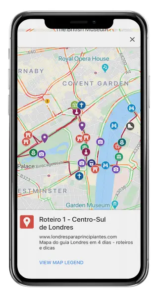 Mapa do guia Londres em 4 dias - roteiros e dicas no iphone