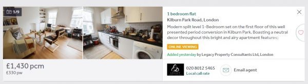 Anuncio de aluguel de apartamento em Londres