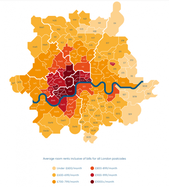 Mapa com valores de aluguel de quartos em Londres