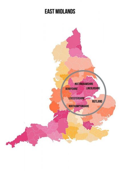 Regiões da Inglaterra - mapa Midlands Oriental