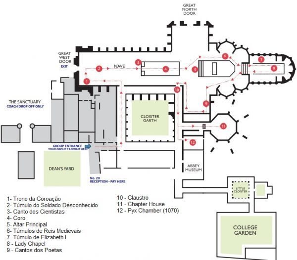 Mapa dos destaques da Abadia de Westminster em Londres