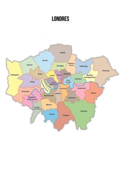Mapa de Londres com seus boroughs ou distritos administrativos.