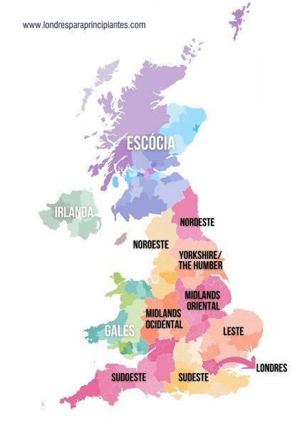 Mapa do Reino Unido com destaque para as regiões da Inglaterra