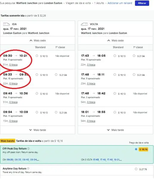 Captura de tela do site trainline com valor de passagens entre London Euston e Watford Junction
