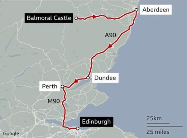 Mapa com o trecho entre Balmoral e Edimburgo - morte da Rainha Elizabeth
